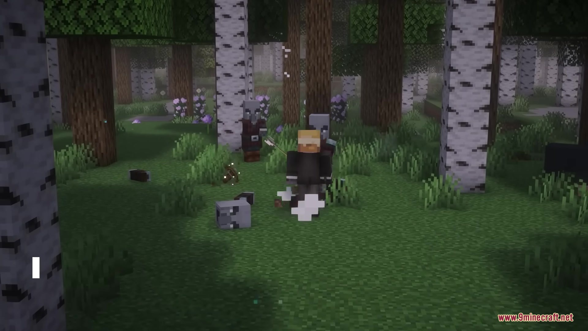 Pillagers attack a player in a birch forest with a severed head nearby