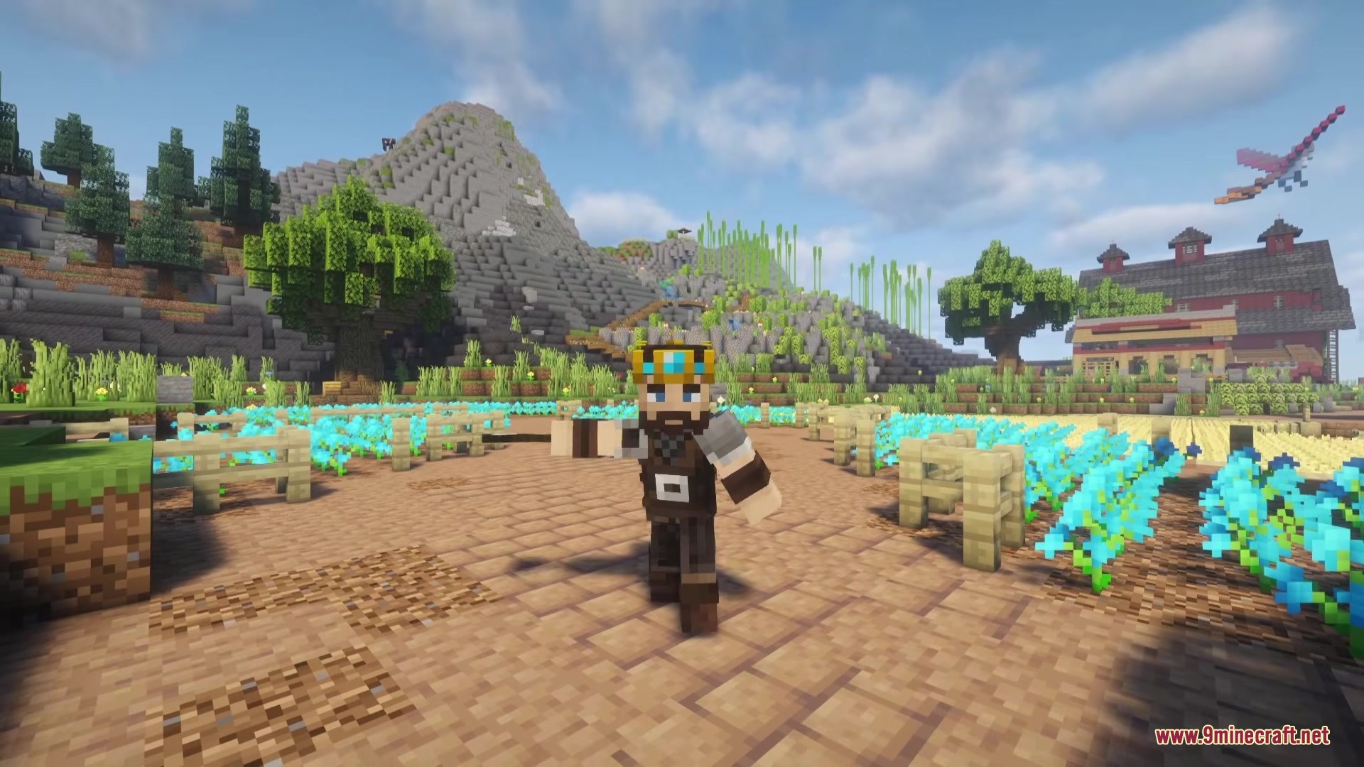 A player wearing a crown stands in a garden with a flying creature