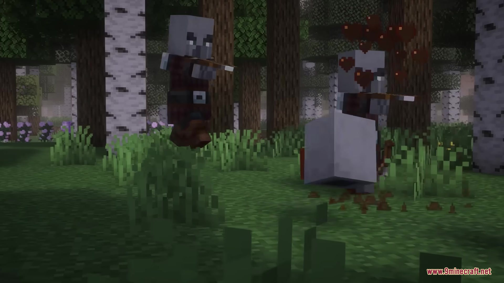 A pillager loses its head from a strike with red blood particles
