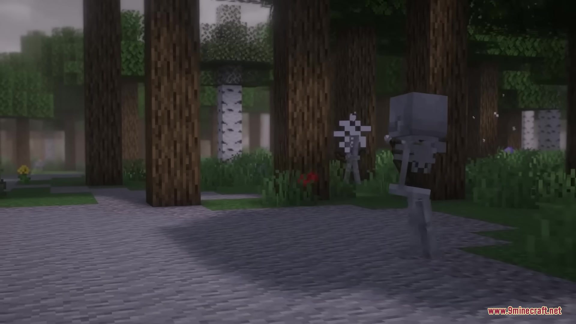 A skeleton stands in a dark forest with its arm missing from damage