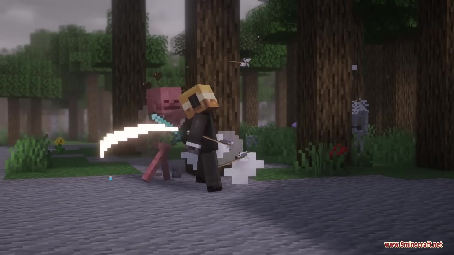 A player attacks a skeleton with a sword causing its limb to fly off