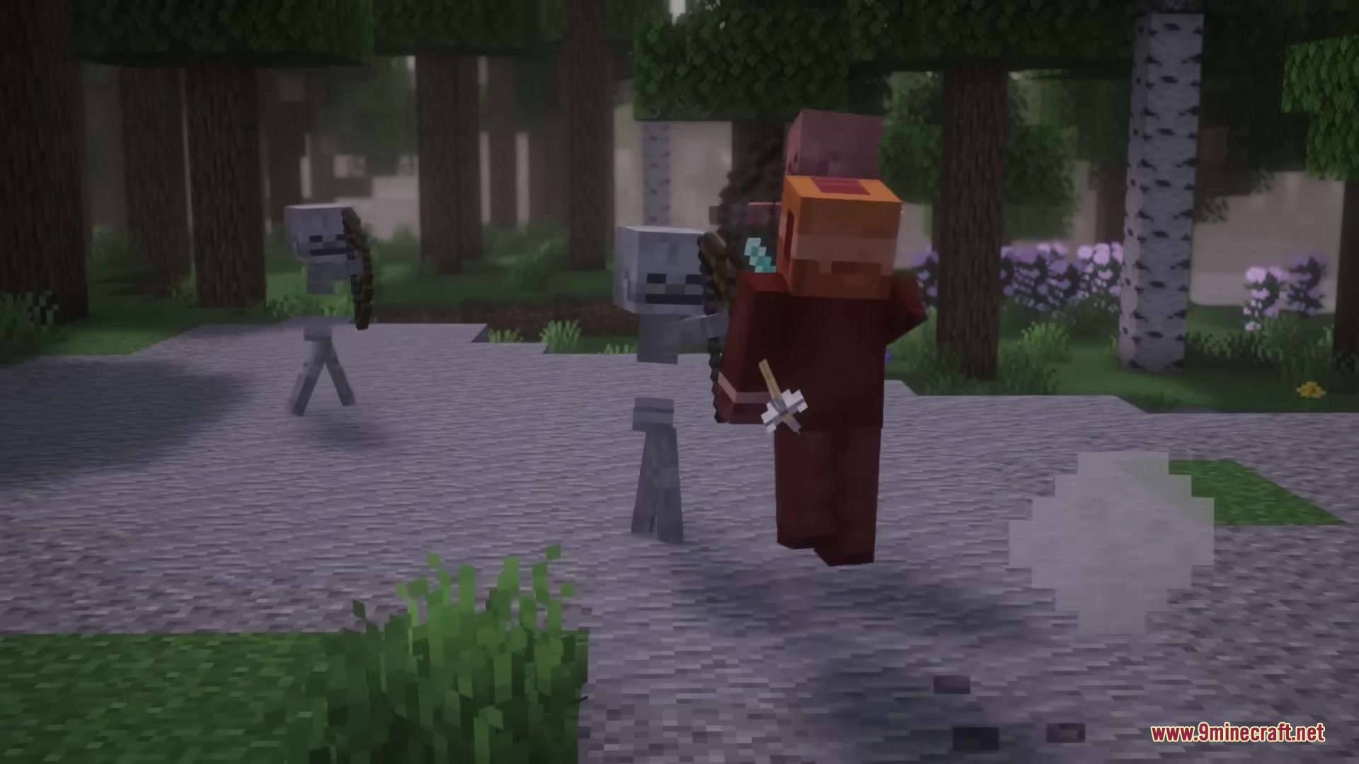 Player in red armor fights skeletons with severed limbs in a forest