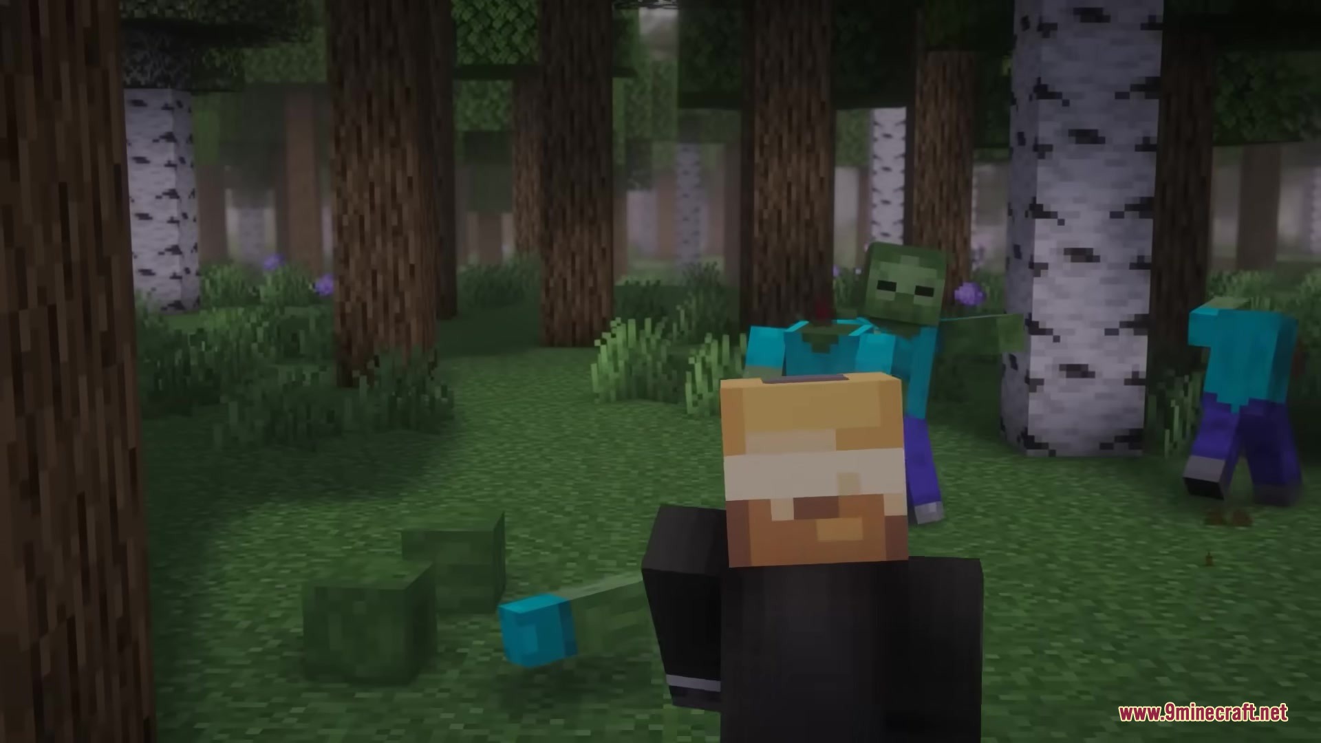 A zombie head flies through the air after being severed in combat