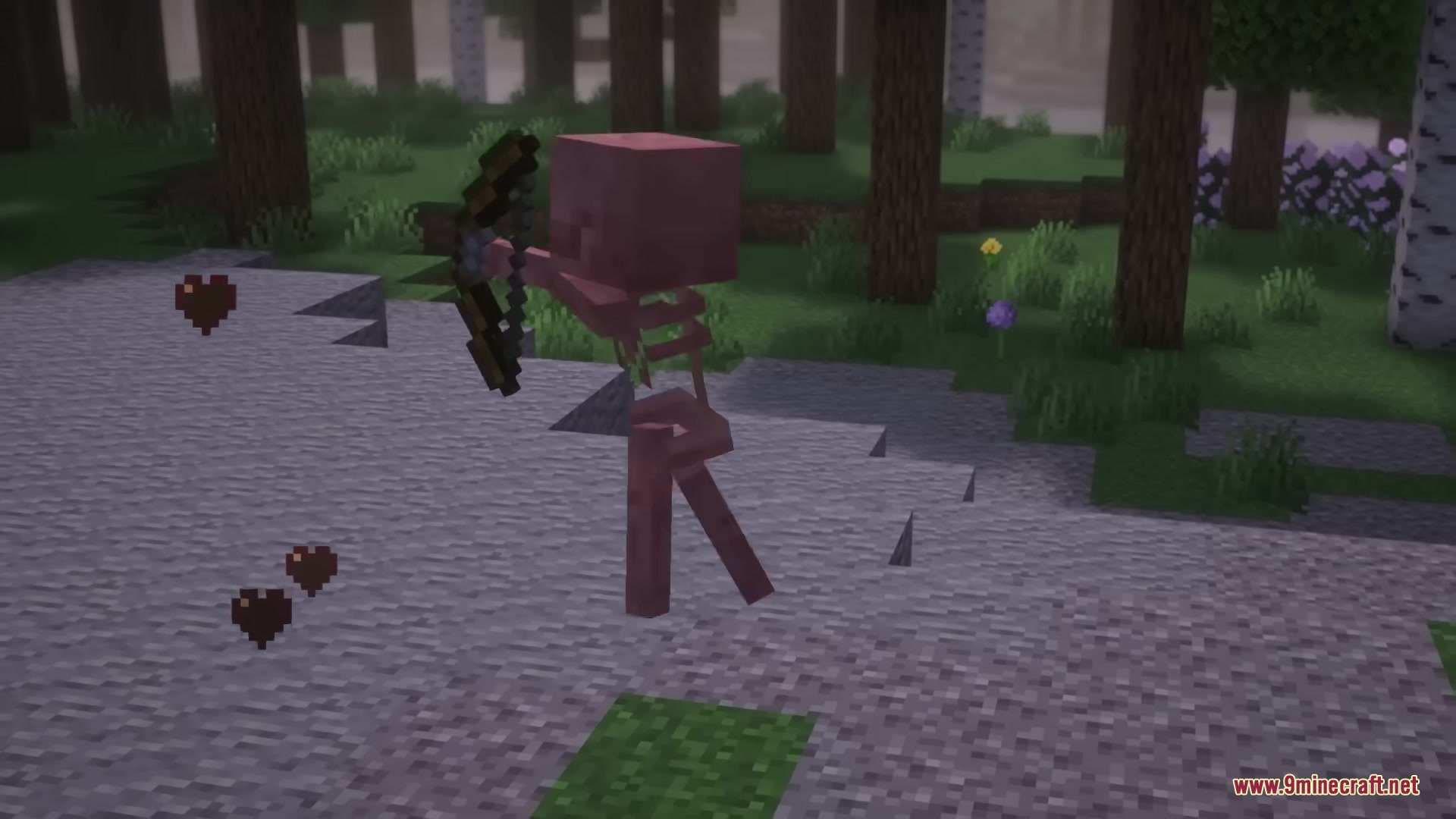 A headless skeleton archer stands in a forest with red heart particles