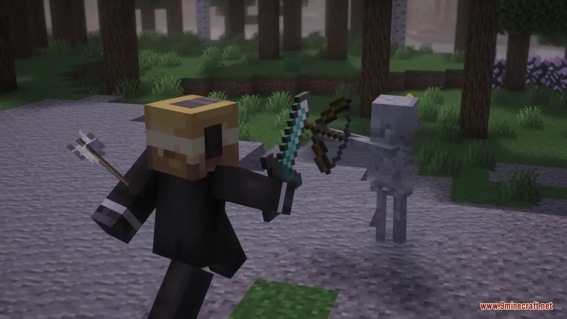 A player attacks a headless skeleton with a diamond sword in a forest