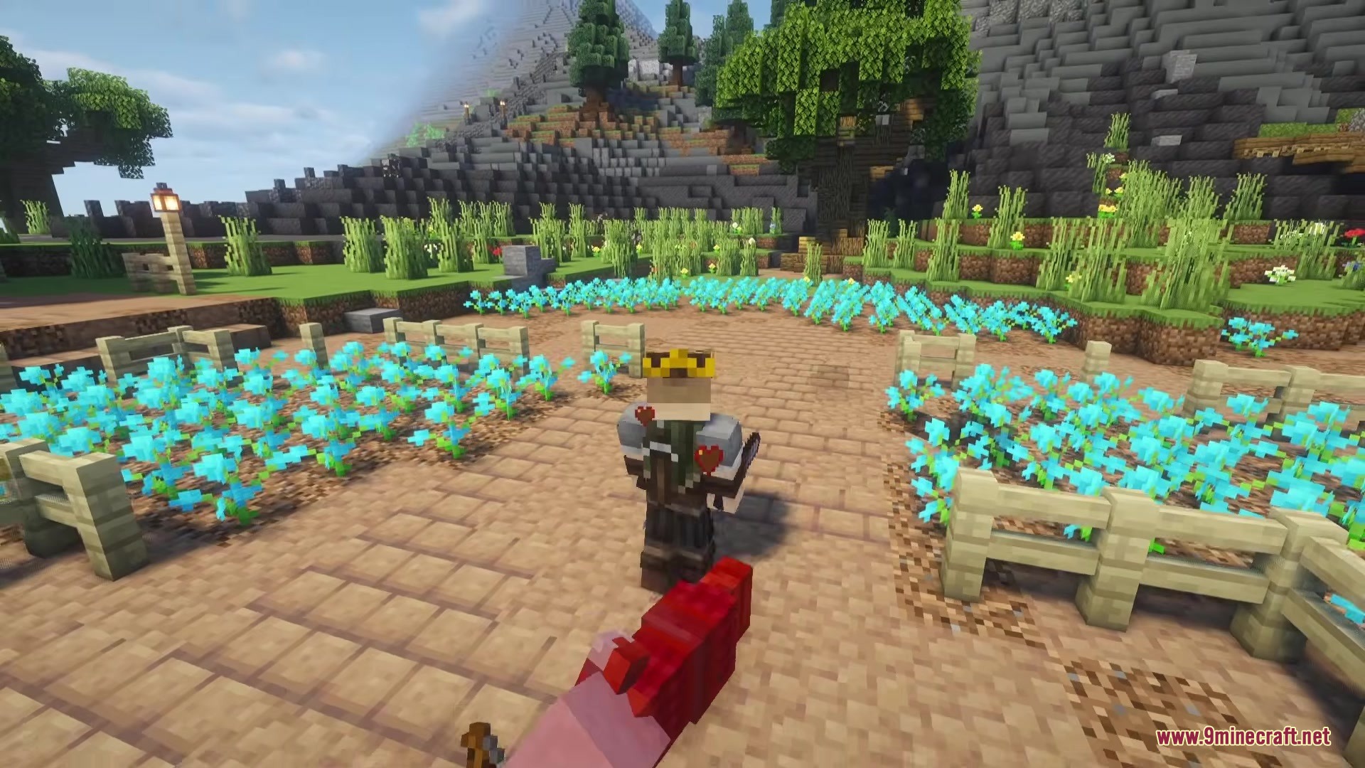 A player character wearing a crown stands in a field of blue flowers