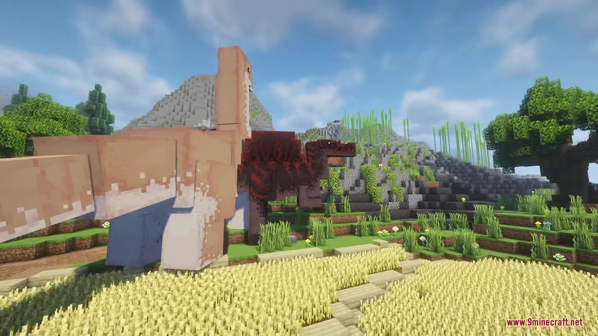 A large Brachiosaurus and Spinosaurus standing in a golden Minecraft wheat field