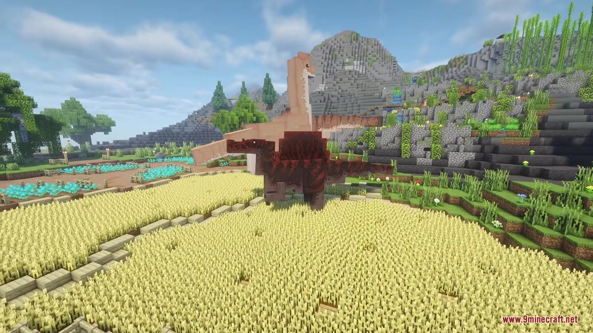 Two prehistoric dinosaurs roaming through a wheat farm near a blocky mountain