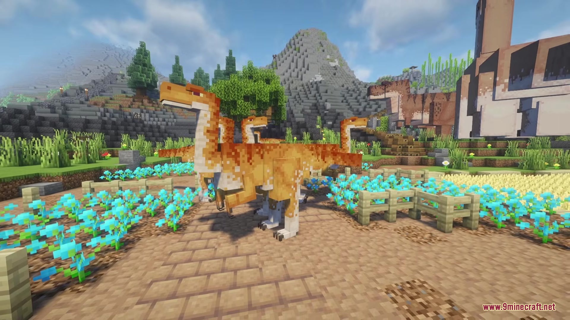 Gallimimus dinosaurs roaming through a garden filled with bright blue flowers