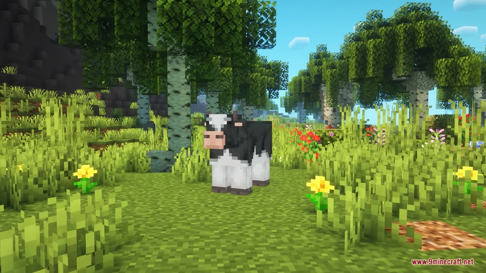 Prettier Parrots Resource Pack Screenshot 1 A black and white cow standing in a lush green forest clearing