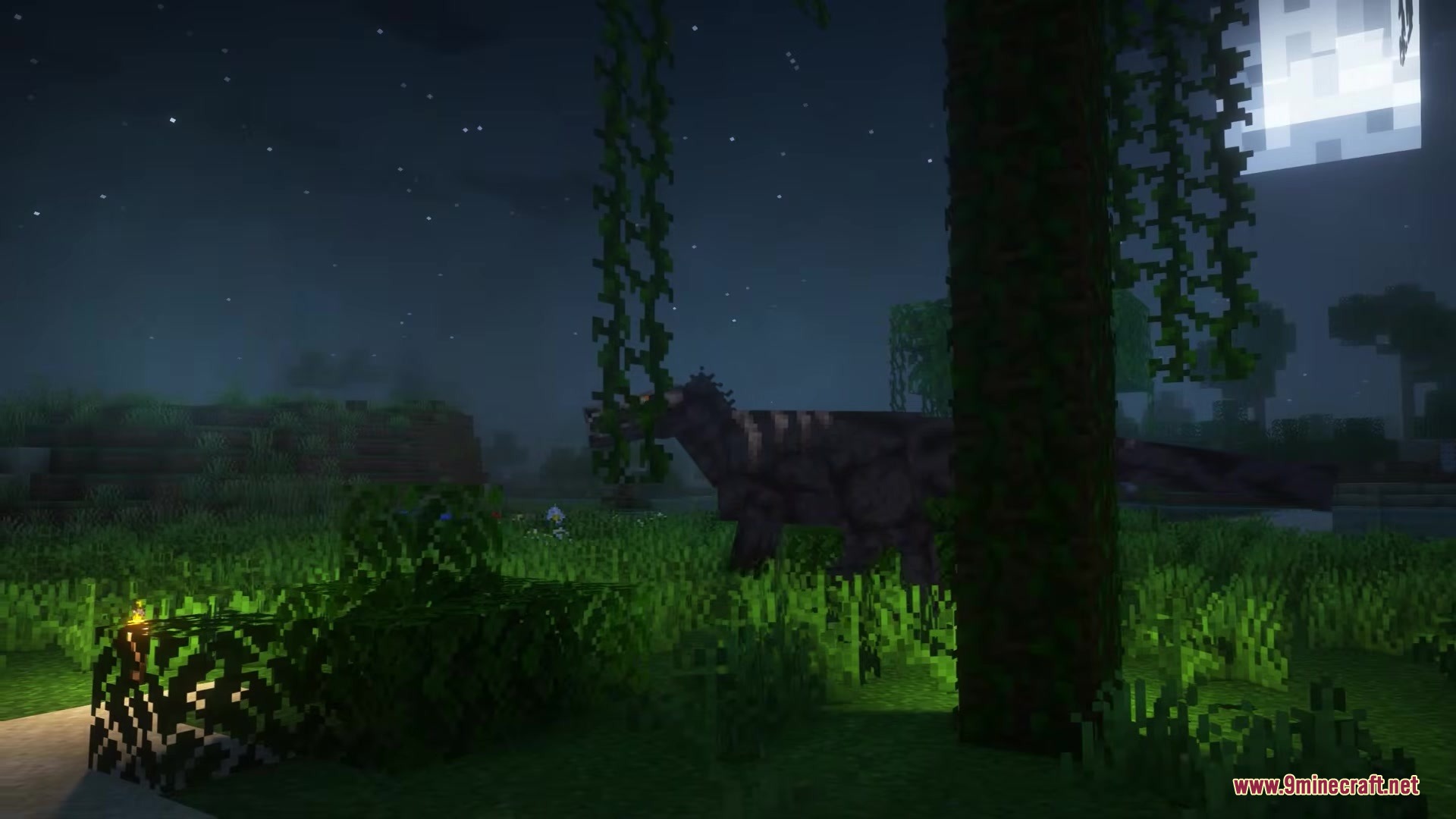 Primal Frontier Mod Screenshot 1 A large dark dinosaur walking through a forest at night under the moon