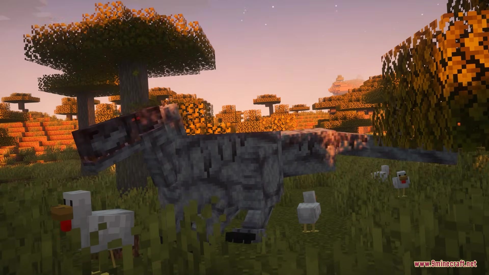 Primal Frontier Mod Screenshot 2 A grey dinosaur standing in a field with chickens during a sunset