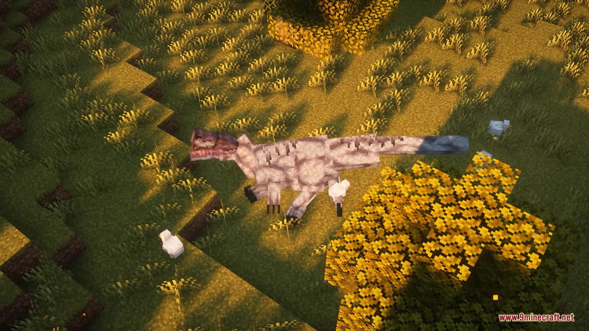 Primal Frontier Mod Screenshot 3 A large striped dinosaur stands in a grassy field near a chicken