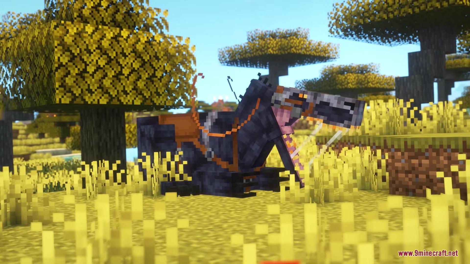 Primal Frontier Mod Screenshot 6 A saddled dinosaur resting in the grass of a savanna biome
