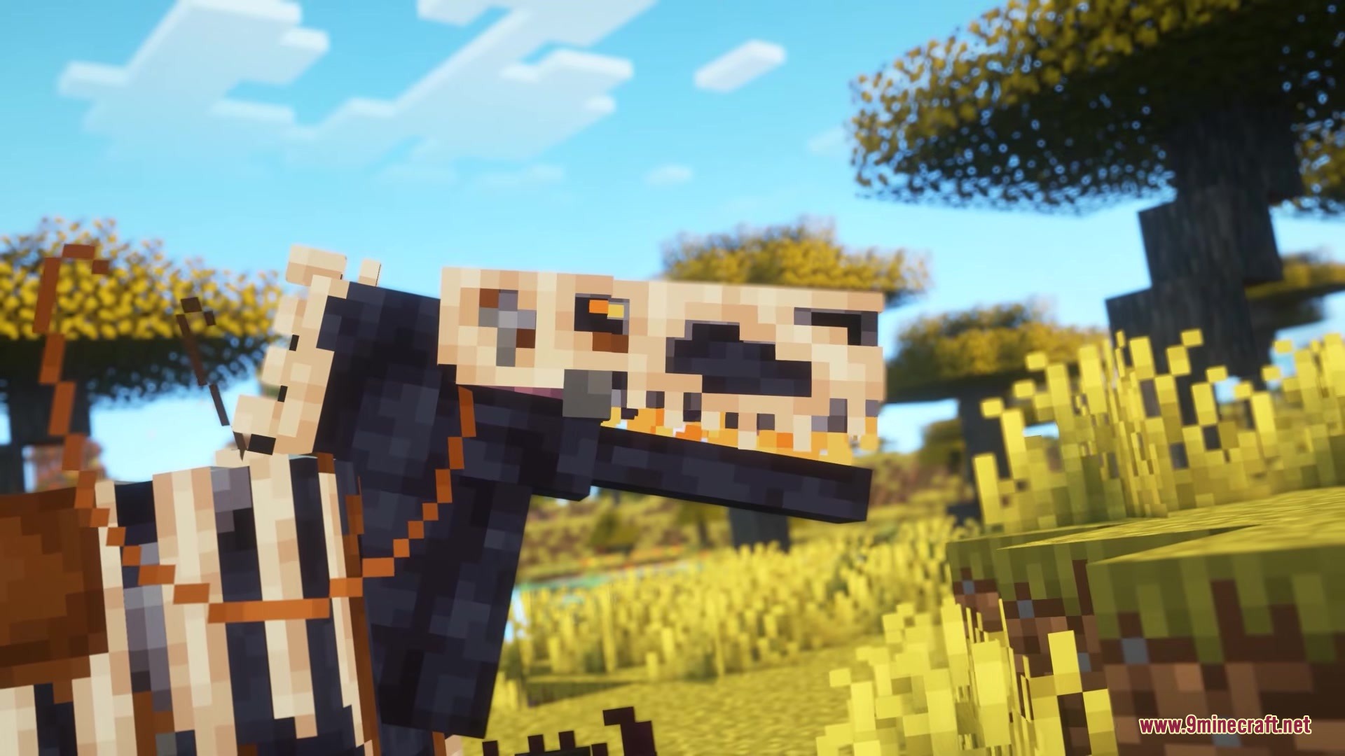 Primal Frontier Mod Screenshot 7 A dark dinosaur wearing a bone mask and saddle in a sunny savanna