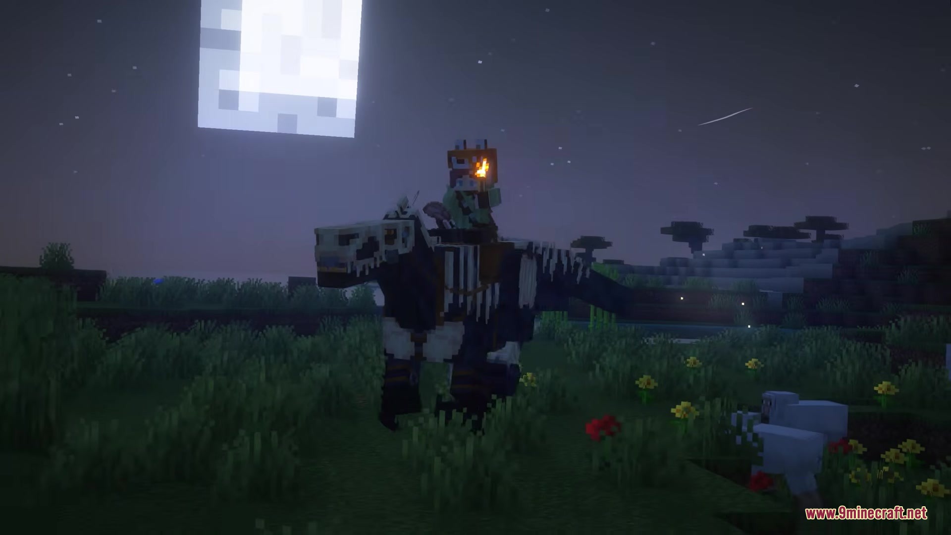 Primal Frontier Mod Screenshot 8 Player riding a dark dinosaur under the full moon in a grassy field
