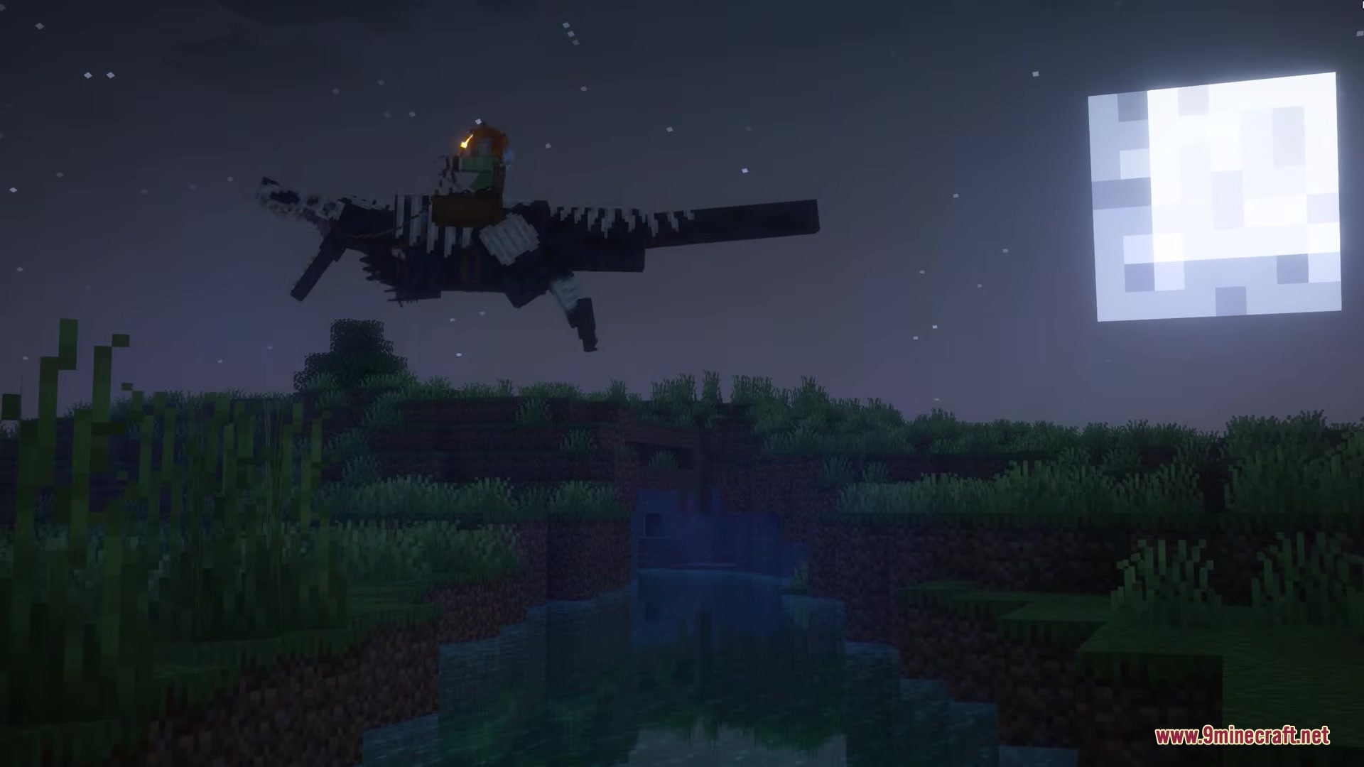 Primal Frontier Mod Screenshot 9 Character riding a large flying dinosaur over a grassy biome at night