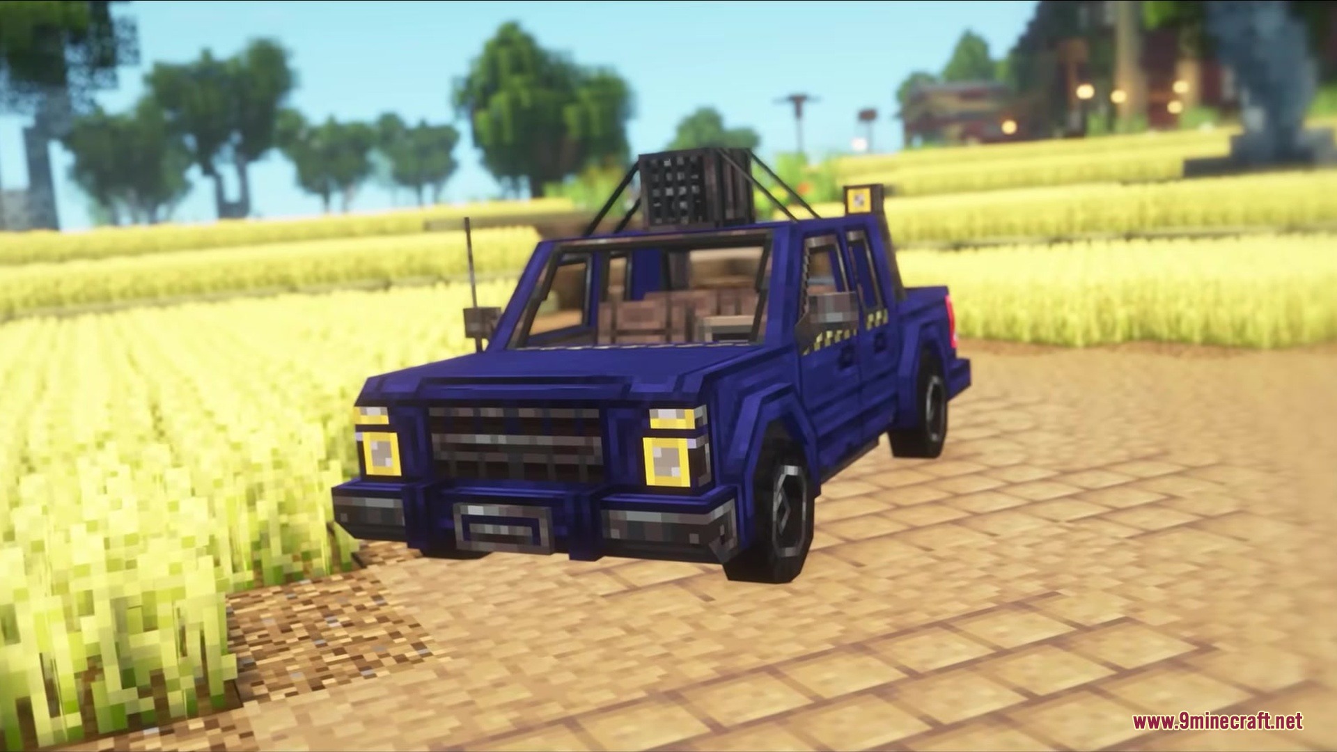 Prime Slayer Demon Slayer Mod Screenshot 1 A blue pickup truck parked on a dirt path beside a wheat field