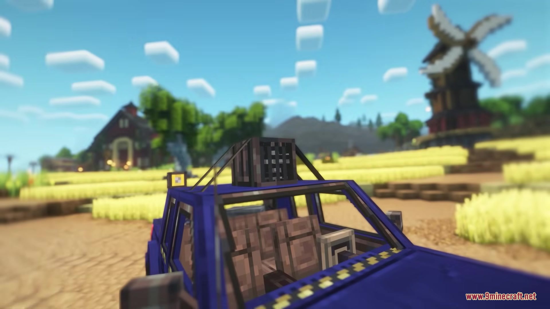 Prime Slayer Demon Slayer Mod Screenshot 2 A blue vehicle parked in front of a large wooden farm windmill