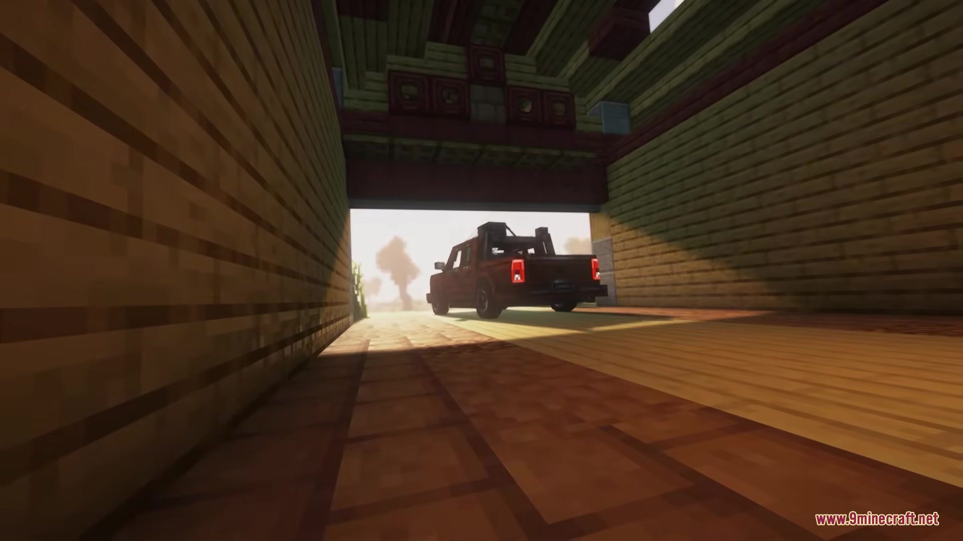 Prime Slayer Demon Slayer Mod Screenshot 4 A red vehicle parked inside a wooden garage facing the bright outdoors