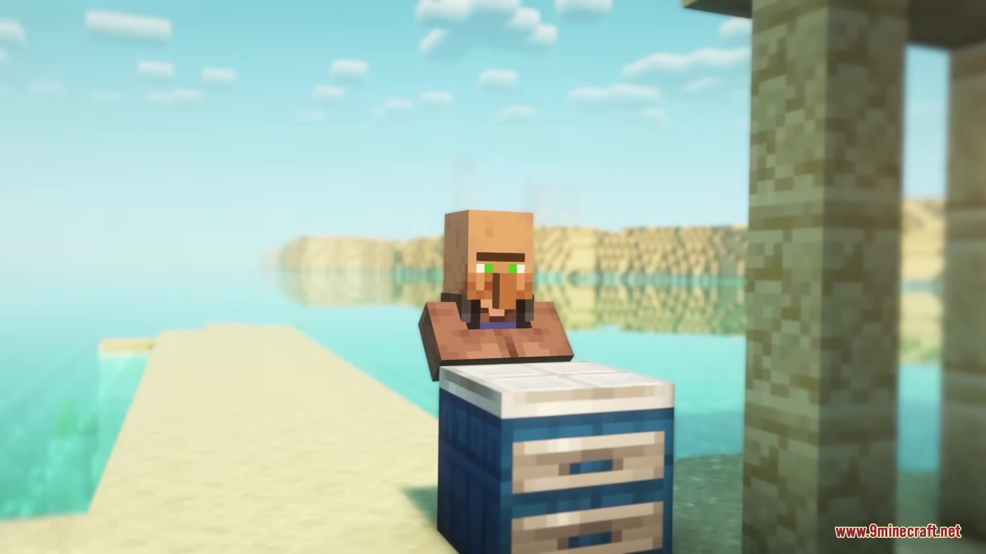 Prime Slayer Demon Slayer Mod Screenshot 5 A villager NPC stands behind a blue counter near the sunny ocean shore