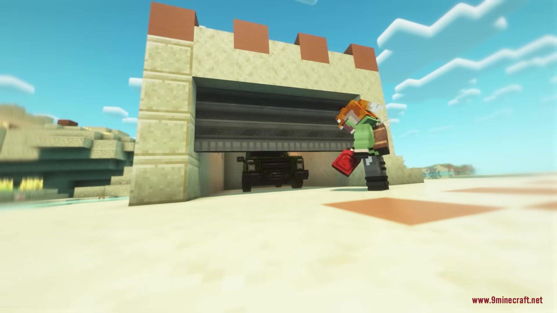 Prime Slayer Demon Slayer Mod Screenshot 7 Minecraft character with a gas can standing outside a garage with a truck