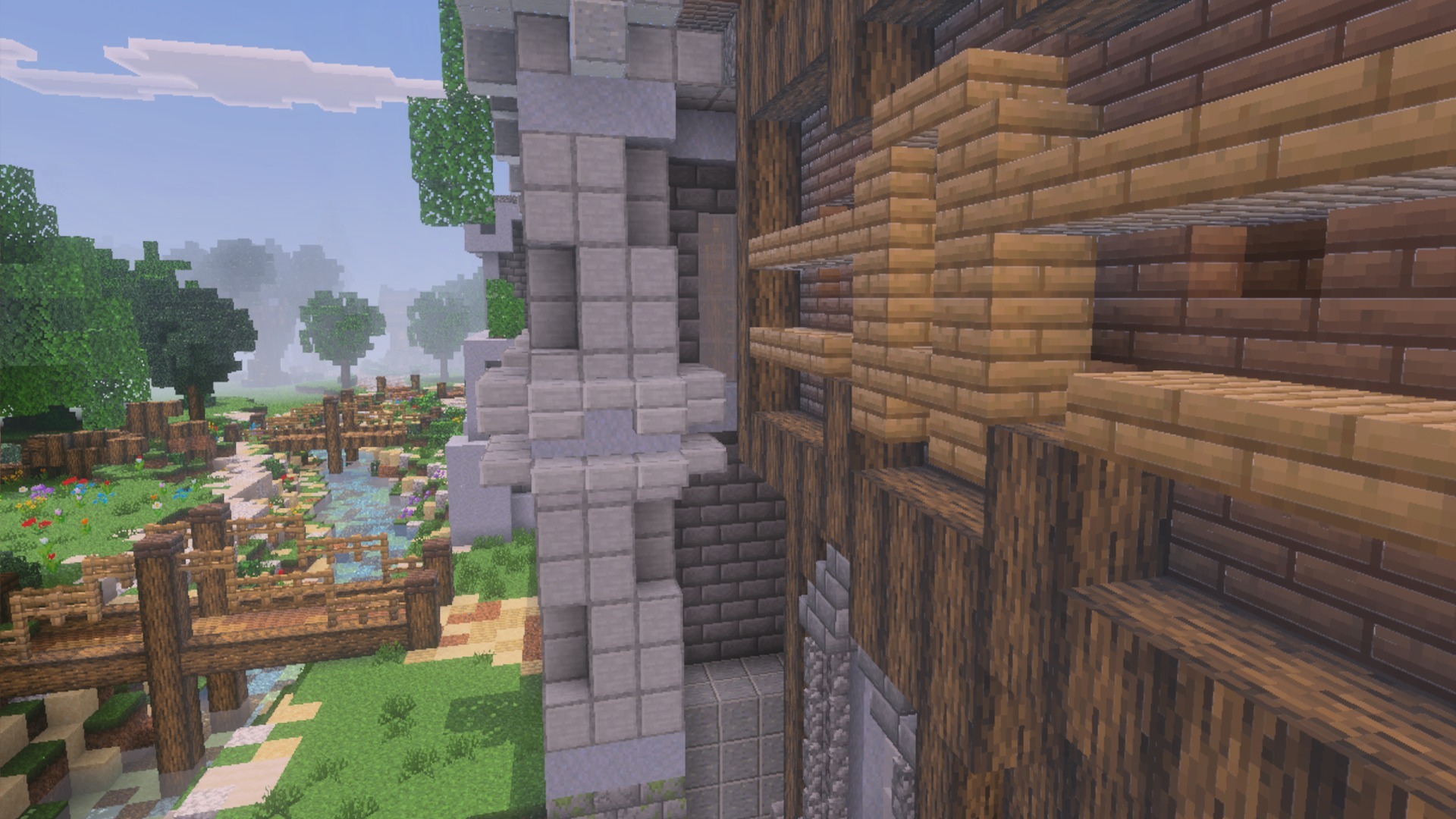 PrizmaRTX PBR RTX Lumenrtx Texture Pack Screenshot 2 Detailed view of wooden and stone blocks with realistic bump mapping effects