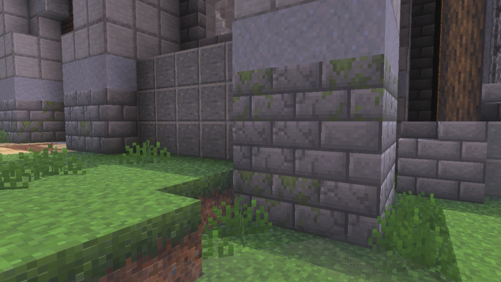 PrizmaRTX PBR RTX Lumenrtx Texture Pack Screenshot 3 Detailed PBR textures on mossy stone bricks and green grass blocks