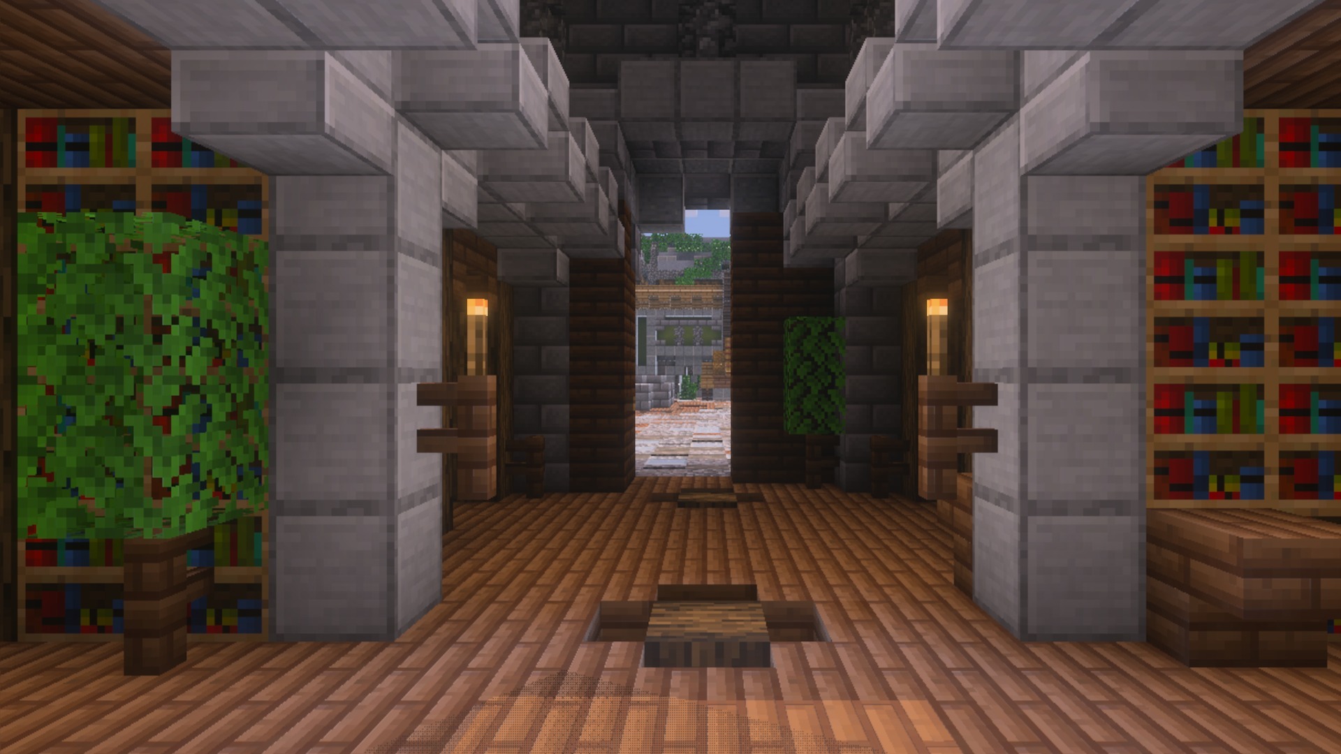 PrizmaRTX PBR RTX Lumenrtx Texture Pack Screenshot 4 Interior hallway with wooden floors and stone pillars showing ray tracing