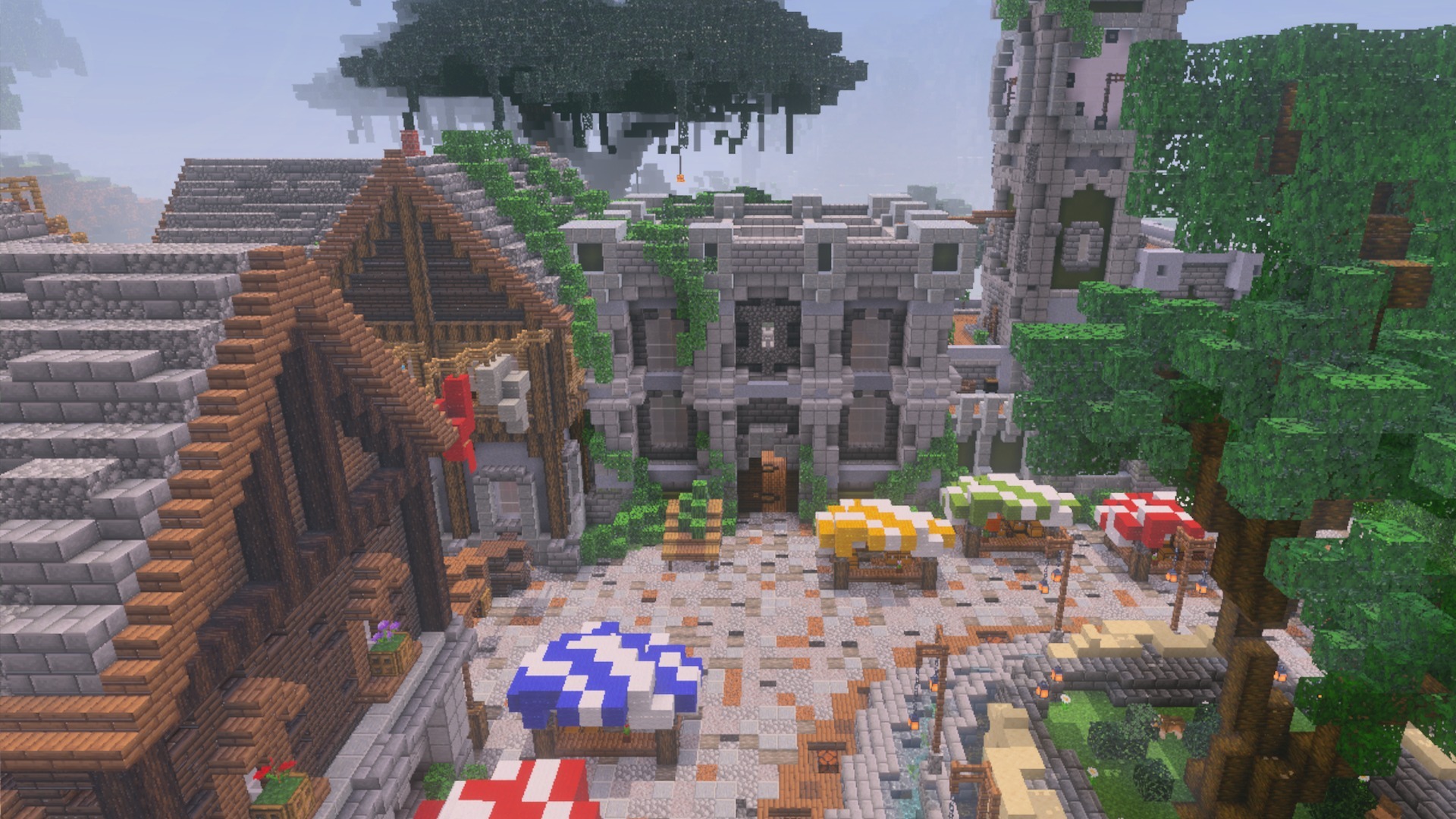 PrizmaRTX PBR RTX Lumenrtx Texture Pack Screenshot 6 Medieval market square with colorful stalls and stone buildings under a large tree