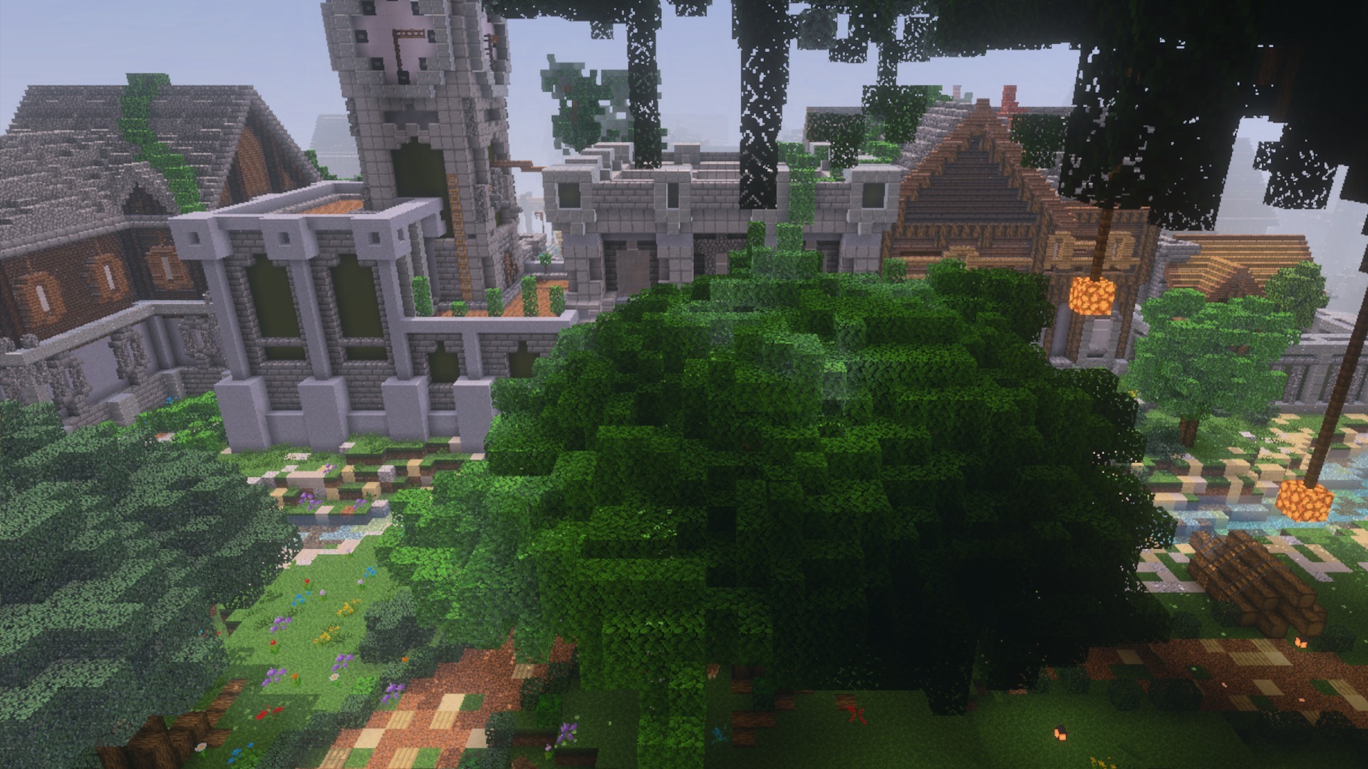 PrizmaRTX PBR RTX Lumenrtx Texture Pack Screenshot 7 PrizmaRTX texture pack showing a medieval town with realistic lighting and green trees