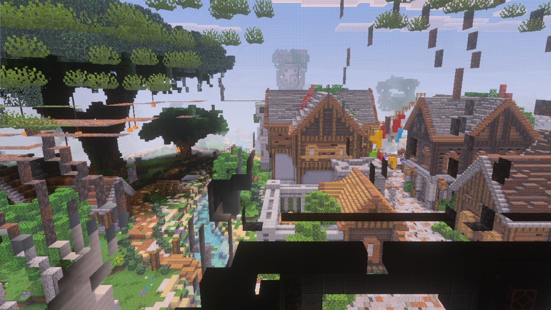 PrizmaRTX PBR RTX Lumenrtx Texture Pack Screenshot 8 Scenic view of a medieval village with detailed textures and a large tree