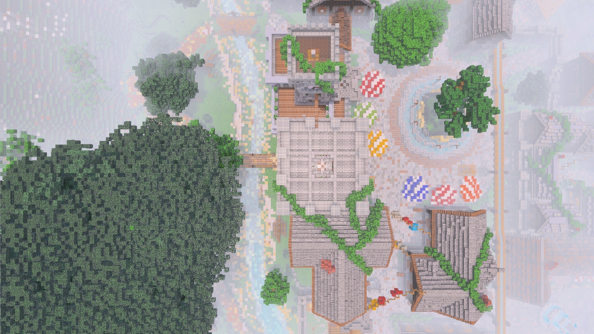 PrizmaRTX PBR RTX Lumenrtx Texture Pack Screenshot 9 Aerial view of a colorful landscape with stone buildings and vibrant market stalls