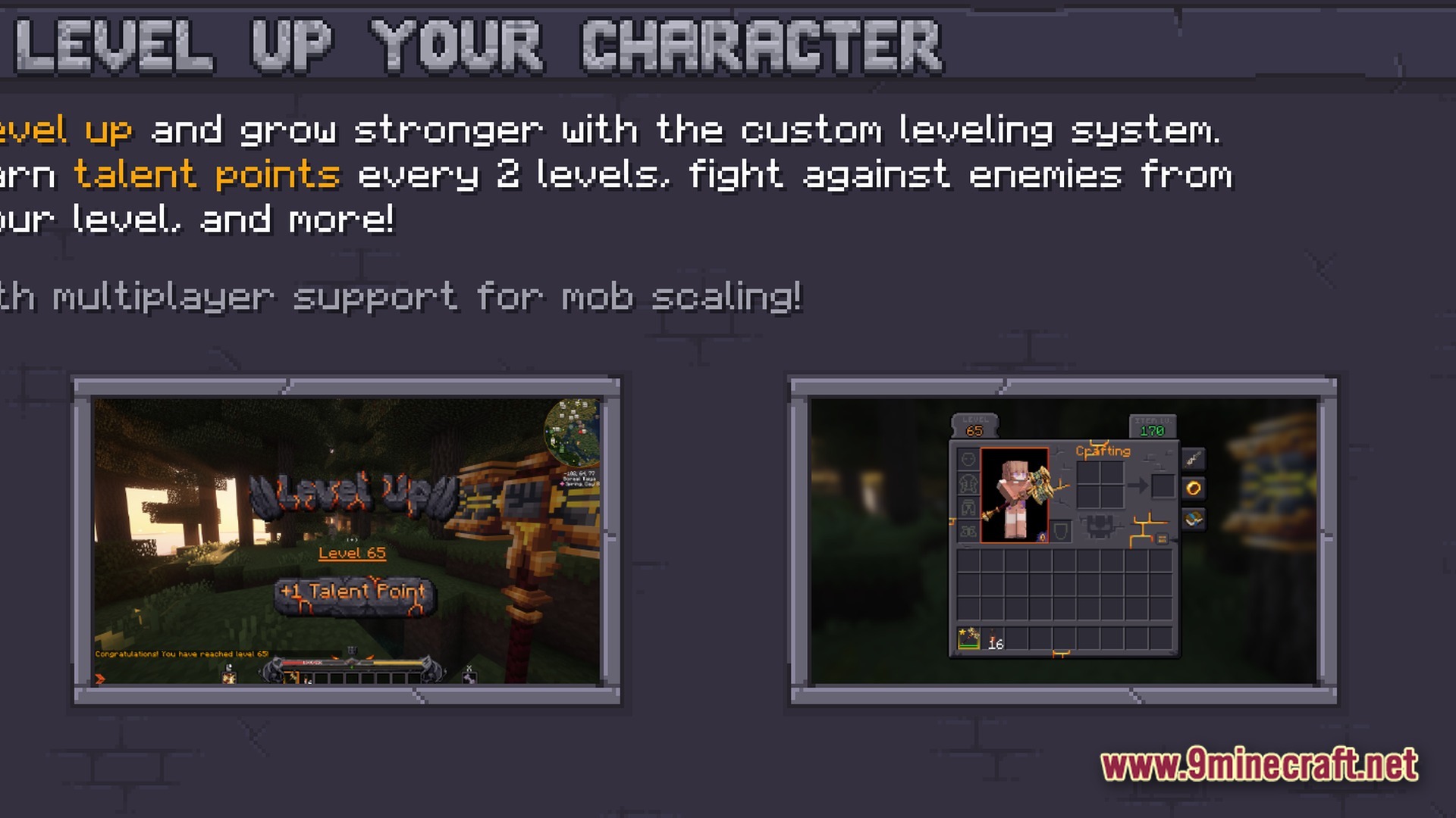 Prominence II Hasturian Era Modpack Screenshot 3 An informational screen detailing the custom character leveling, talent point system, and mob scaling mechanics