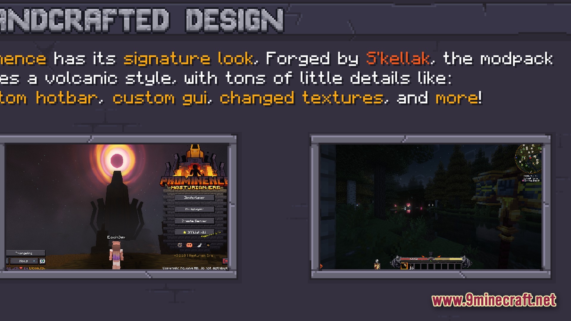 Prominence II Hasturian Era Modpack Screenshot 4 A custom main menu and volcanic-themed user interface featuring a unique hotbar and gameplay HUD