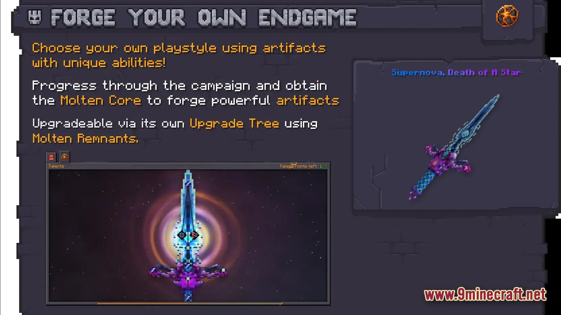 Prominence II Hasturian Era Modpack Screenshot 5 An informational menu detailing the Supernova artifact weapon and its upgrade tree system