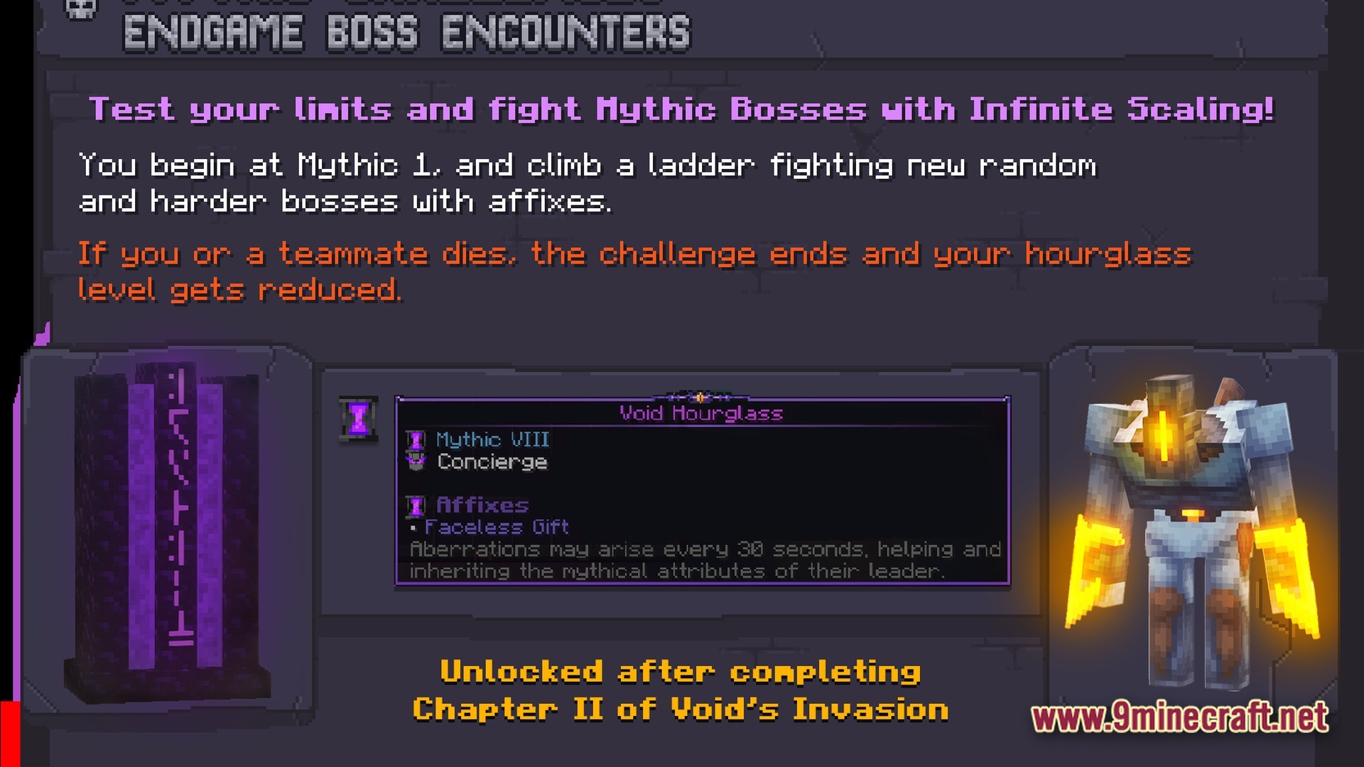 Prominence II Hasturian Era Modpack Screenshot 6 An informational menu detailing endgame boss encounters, mythic scaling, and the Void Hourglass mechanic