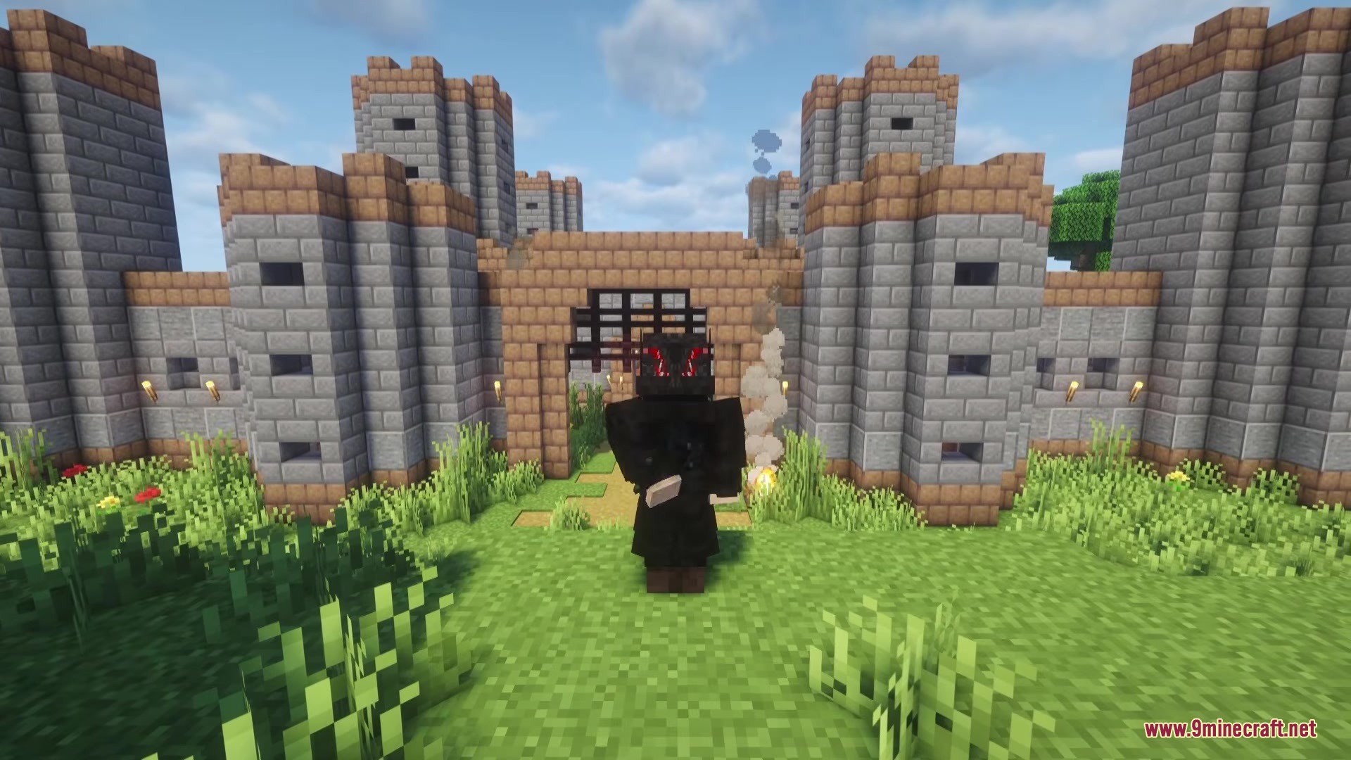 Proyect Berserk Mod Screenshot 1 A player wearing Proyect Berserk Mod armor stands before a stone castle gate