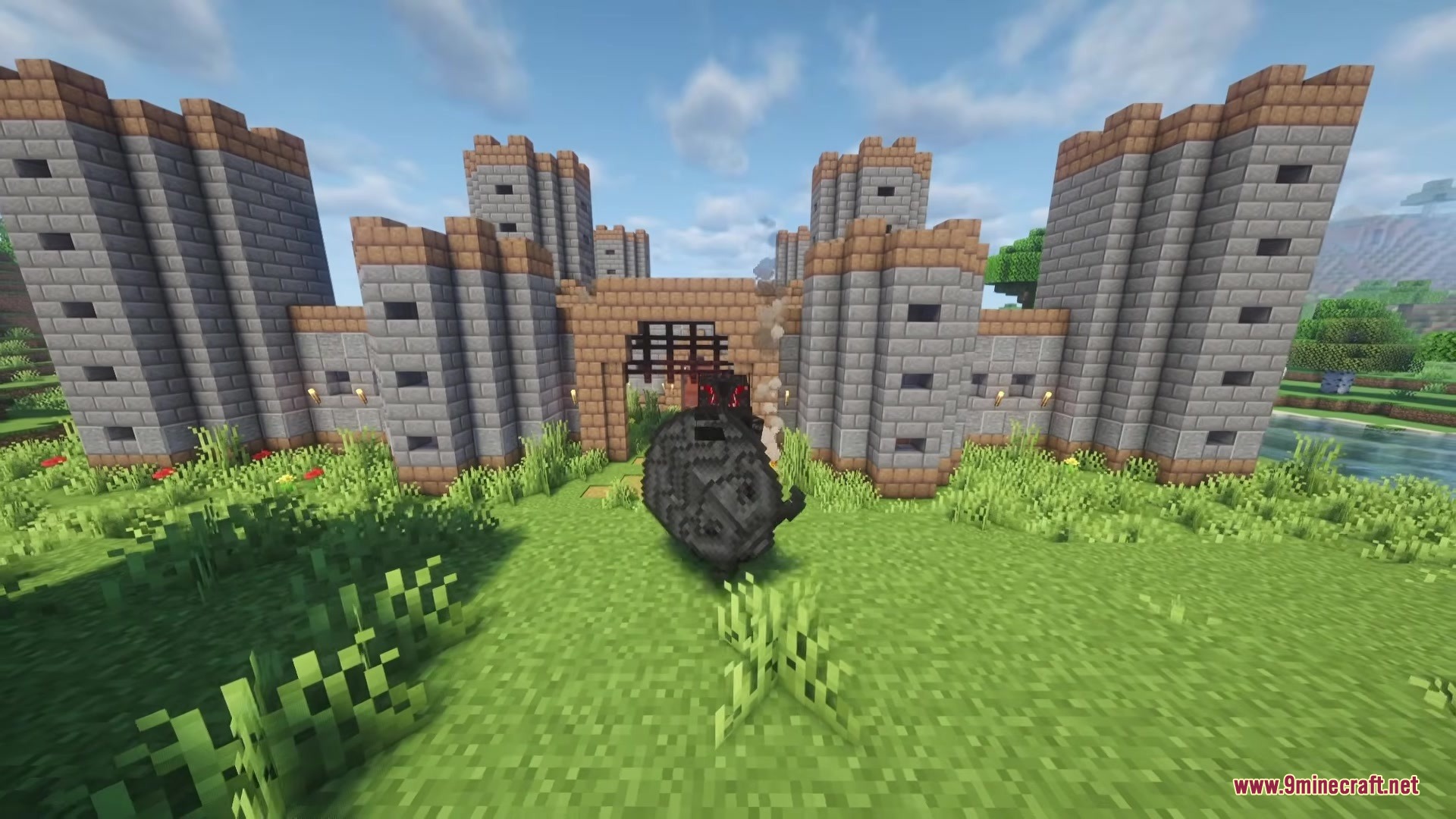 Proyect Berserk Mod Screenshot 2 The player performs a spinning attack using a heavy sword near the castle