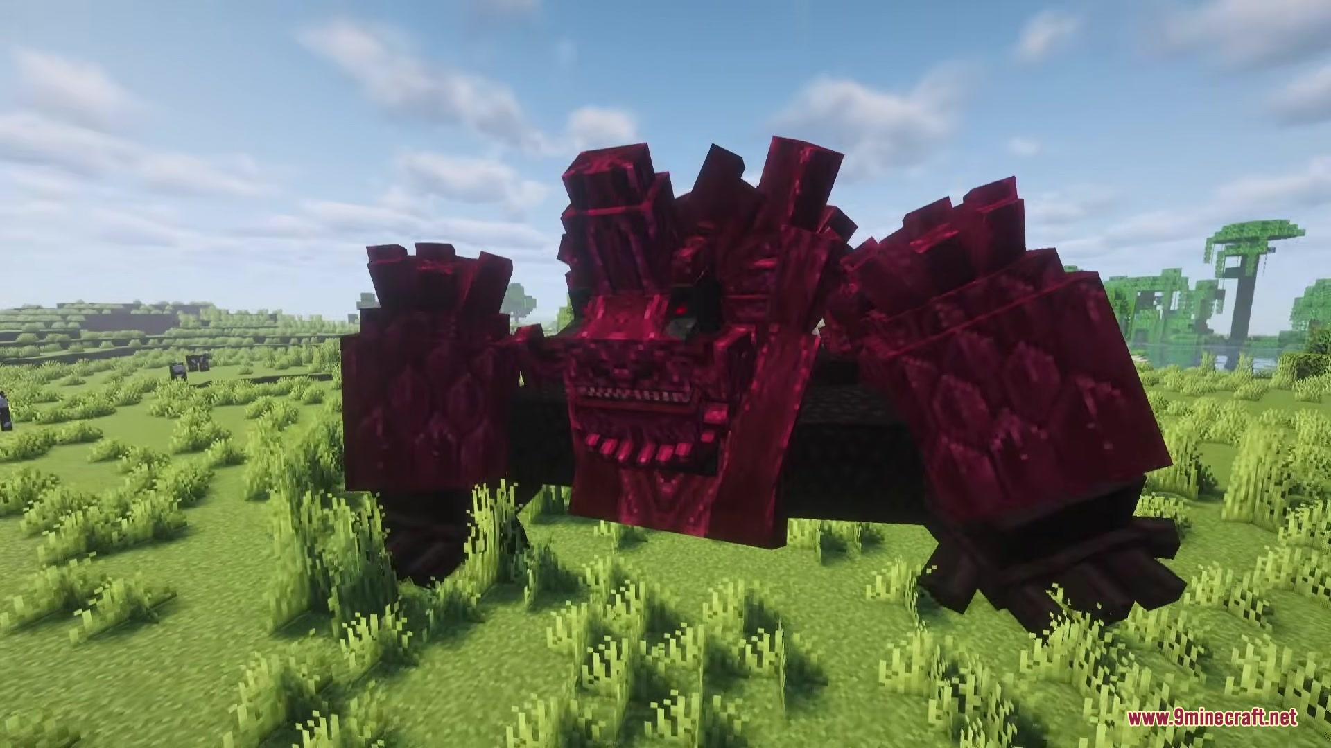 Proyect Berserk Mod Screenshot 6 A massive red demonic boss creature standing in a wide grassy field
