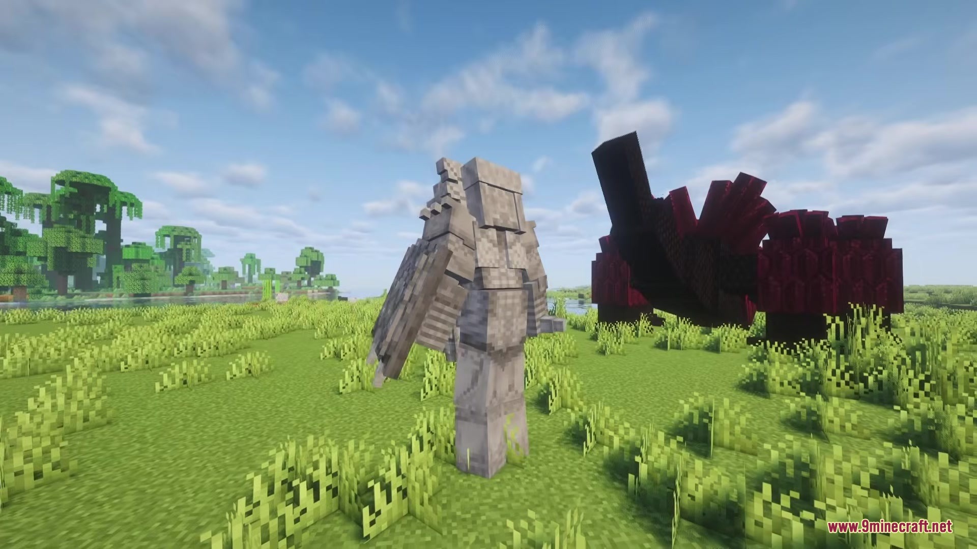Proyect Berserk Mod Screenshot 8 A player in heavy armor faces a giant red crystalline boss monster
