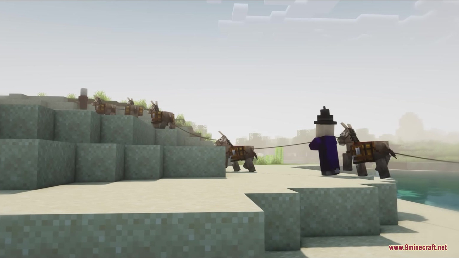 Ptp Mod Screenshot 1 A player leading a caravan of donkeys with chests across sandy terrain
