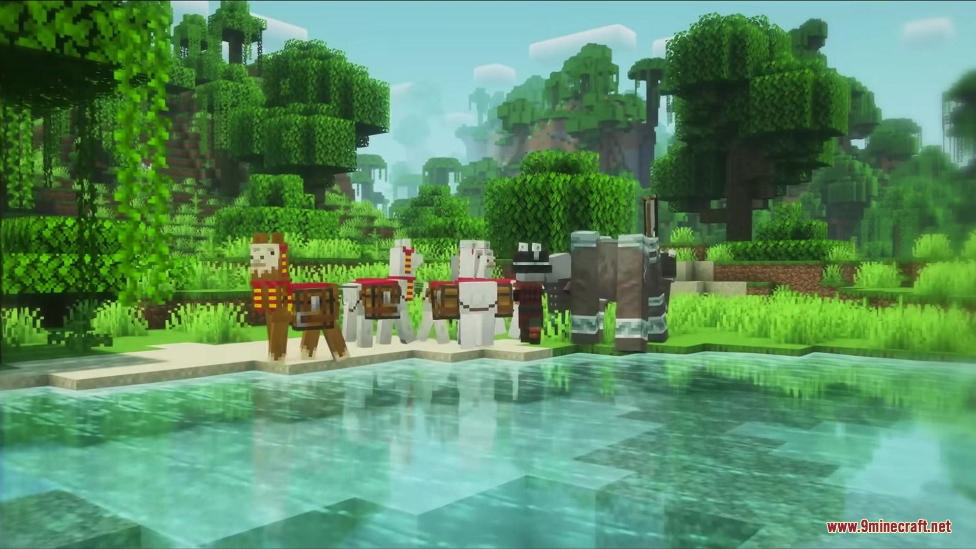 Ptp Mod Screenshot 10 Llamas carrying chests stand with a Ravager near a lush jungle lake