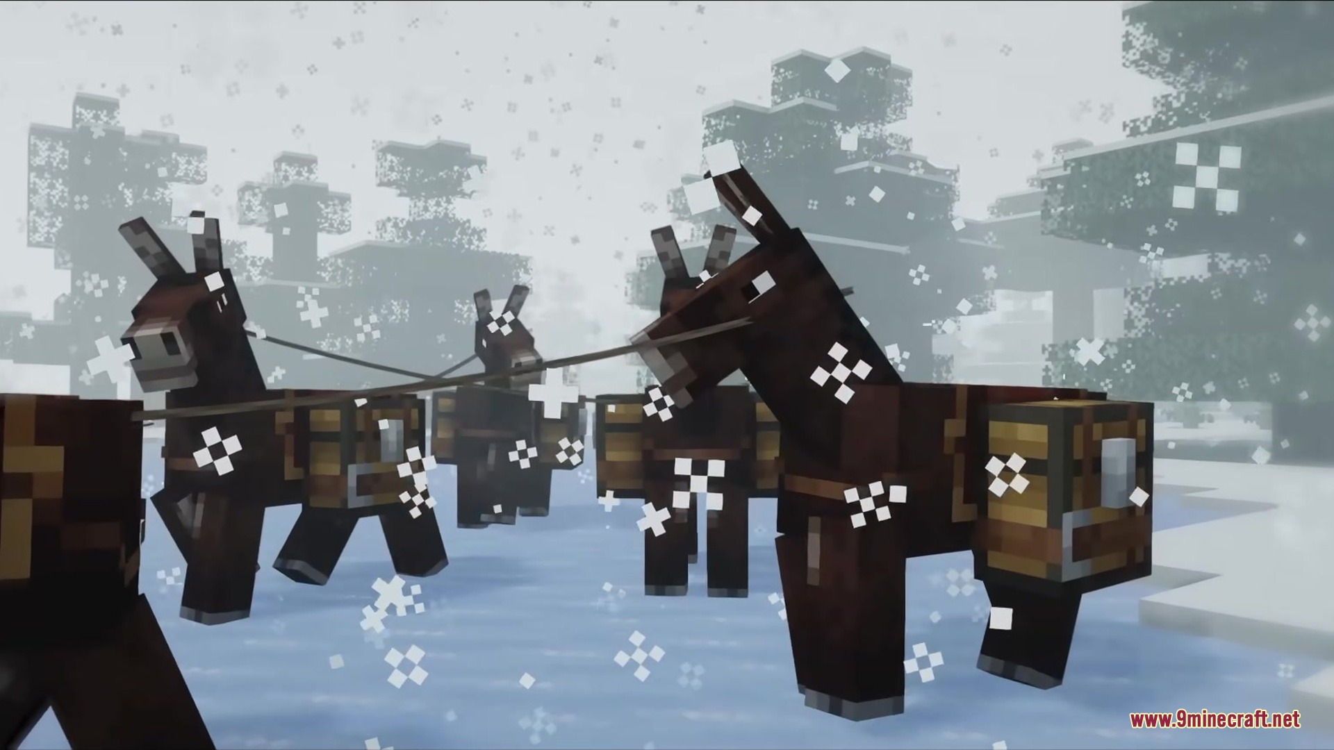 Ptp Mod Screenshot 2 Donkeys carrying chests stand together in a snowy forest during a snowstorm