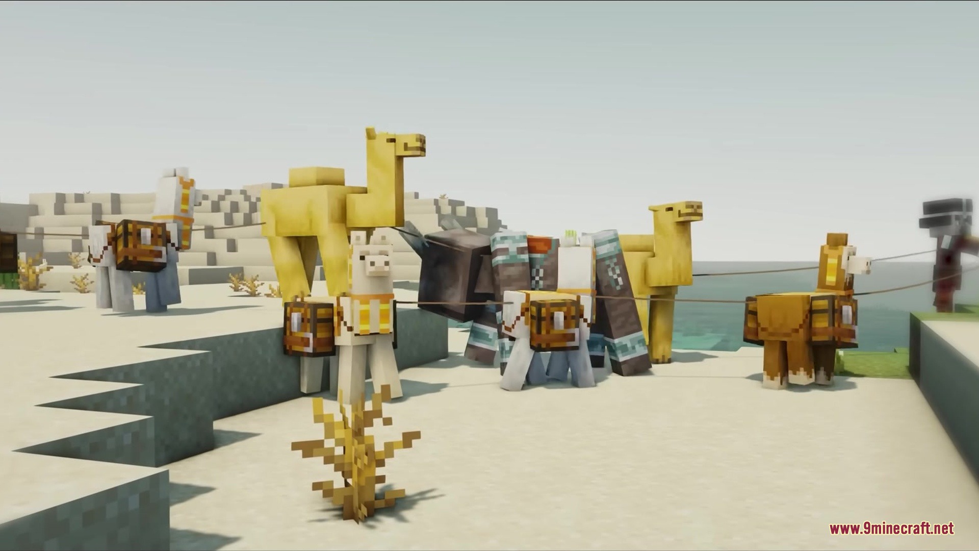 Ptp Mod Screenshot 3 A wandering trader leading a caravan of camels and llamas carrying chests