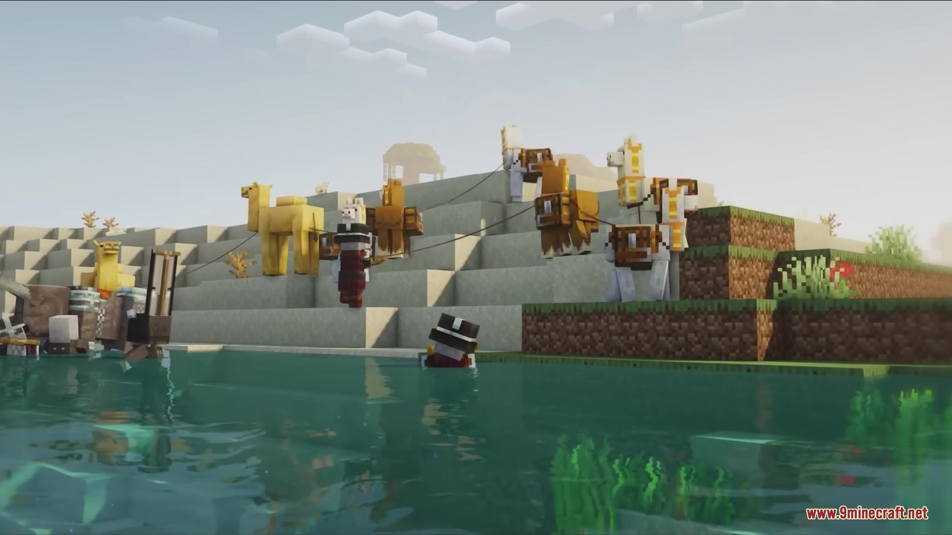 Ptp Mod Screenshot 4 Camels and llamas on leads walking along a riverbank in a desert biome