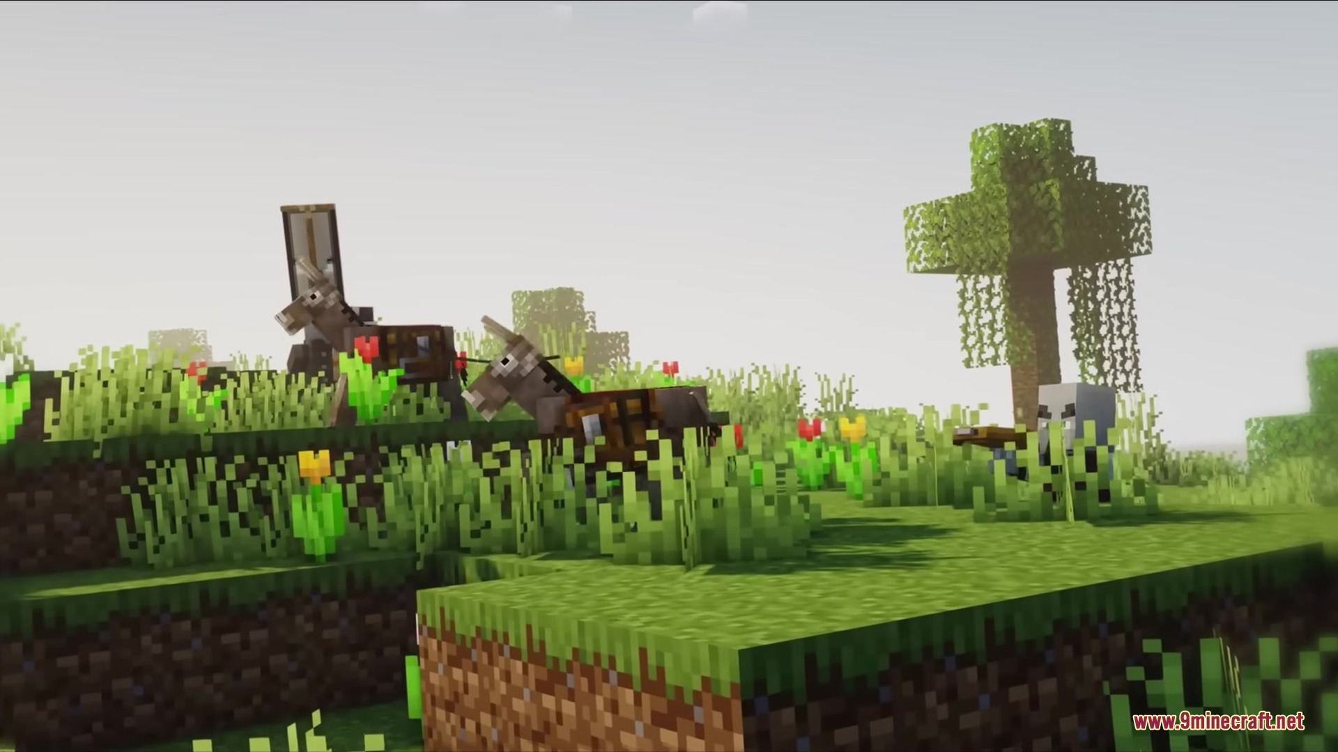 Ptp Mod Screenshot 5 A Pillager with a crossbow hides in tall grass near two donkeys