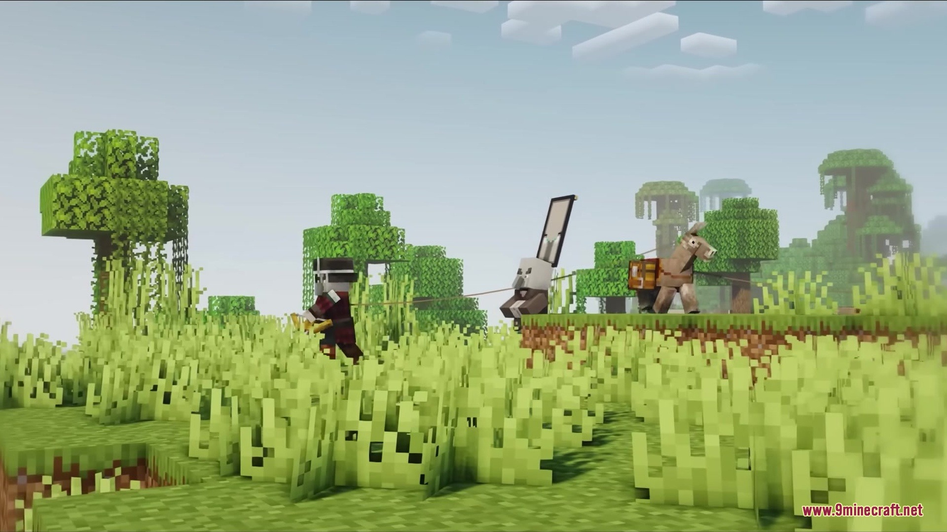 Ptp Mod Screenshot 6 A Pillager captain leads a donkey with a chest through the forest