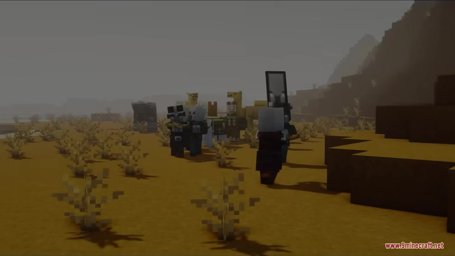 Ptp Mod Screenshot 7 A group of Illagers and llamas standing in a foggy desert biome
