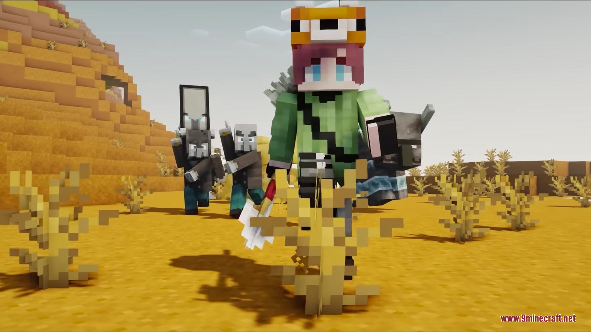 Ptp Mod Screenshot 8 Player holding a bow leads a group of Illagers and a Ravager